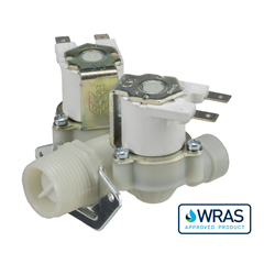 Single Inlet Double Outlet water solenoid valve - 3/4" BSP male inlet, two outlets 8-mm push-fit 240V AC